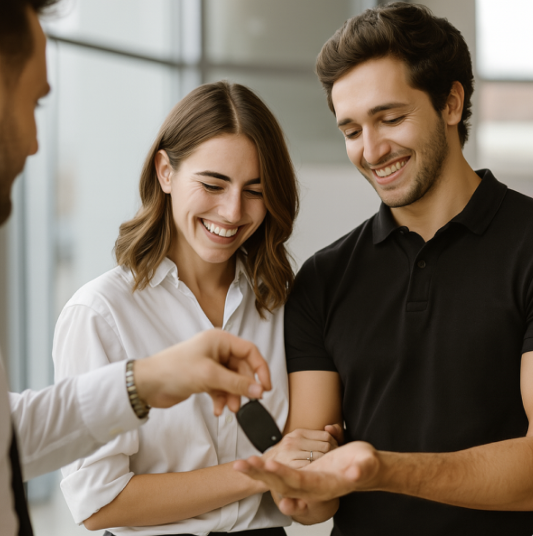 Couple receiving car keys — happy car buyers